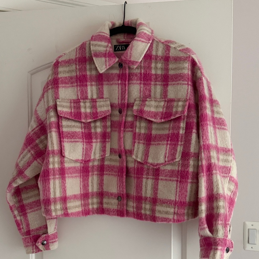 Zara Cream and Pink Plaid Teddy Jacket